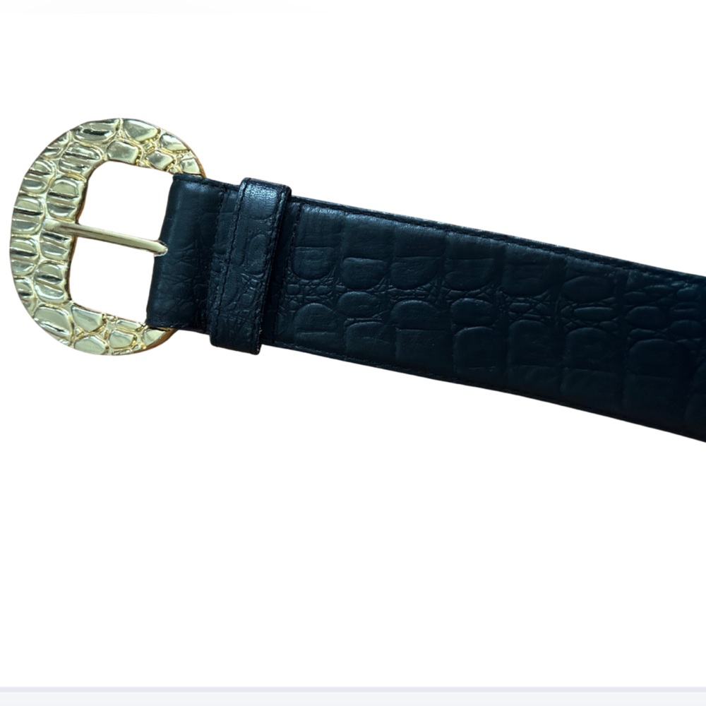 Snakeskin Embossed Black Leather Belt w/ Oversized Gold Buckle | Size M